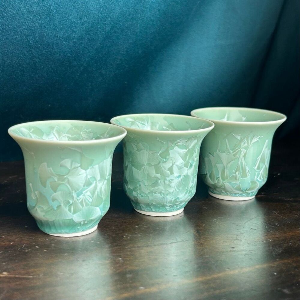 Set of 3 Green Flower Crystalline Sake Cups Japan